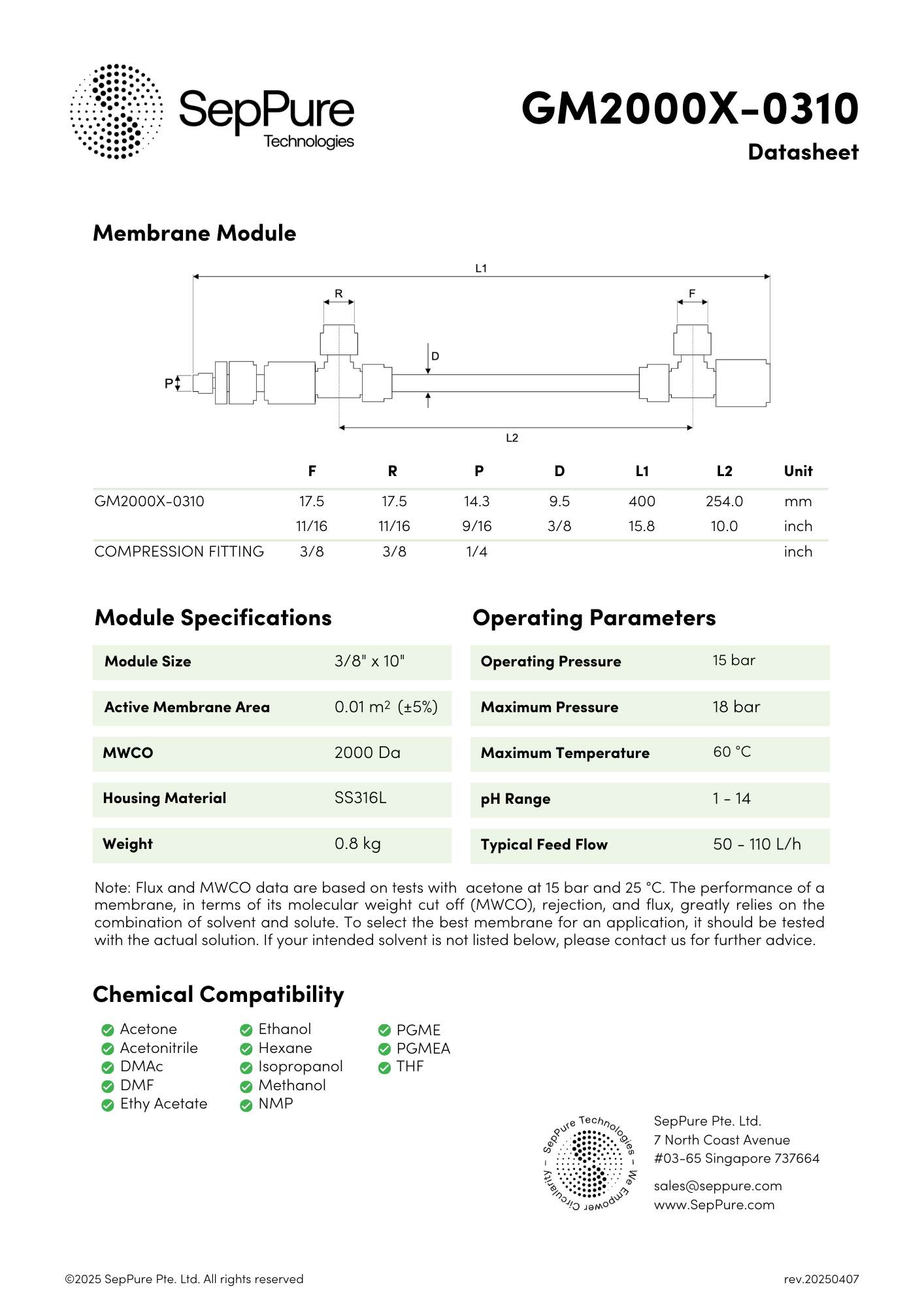 SepPure GreenMem® GM2000X-0310 Organic Solvent Nanofiltration Hollow Fibre Membrane
