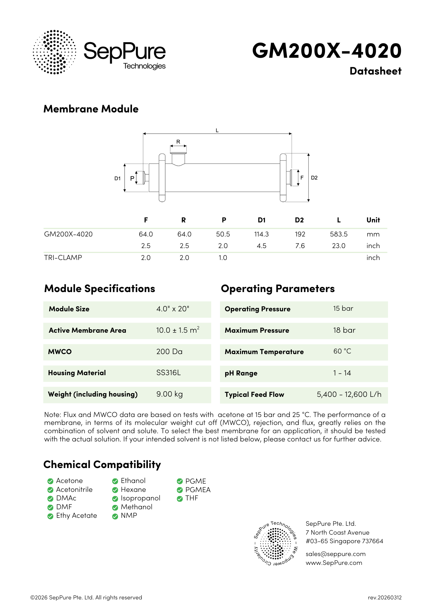 SepPure GreenMem® GM200X-4020 Organic Solvent Nanofiltration Hollow Fibre Membrane