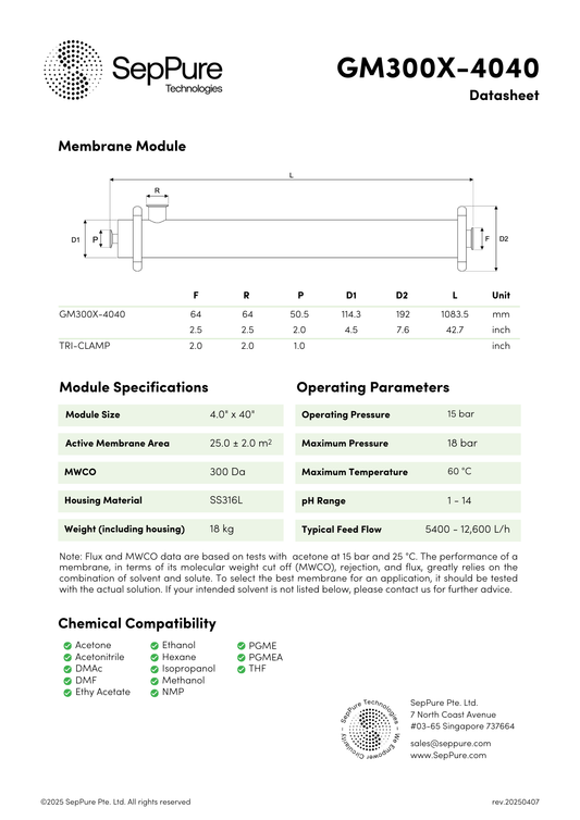 SepPure GreenMem® GM300X-4040 Organic Solvent Nanofiltration Hollow Fibre Membrane