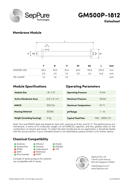 SepPure GreenMem® GM500P-1812 Organic Solvent Nanofiltration Hollow Fibre Membrane