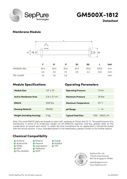 SepPure GreenMem® GM500X-1812 Organic Solvent Nanofiltration Hollow Fibre Membrane