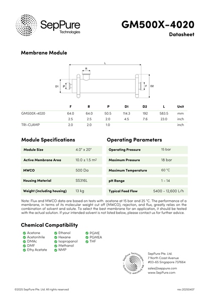 SepPure GreenMem® GM500X-4020 Organic Solvent Nanofiltration Hollow Fibre Membrane