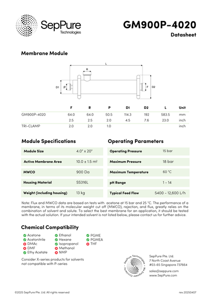SepPure GreenMem® GM900P-4020 Organic Solvent Nanofiltration Hollow Fibre Membrane
