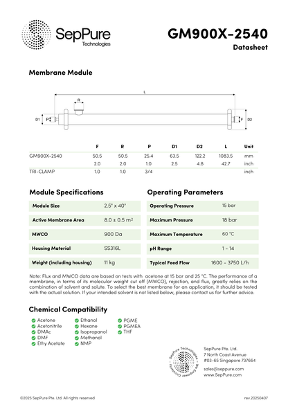 SepPure GreenMem® GM900X-2540 Organic Solvent Nanofiltration Hollow Fibre Membrane